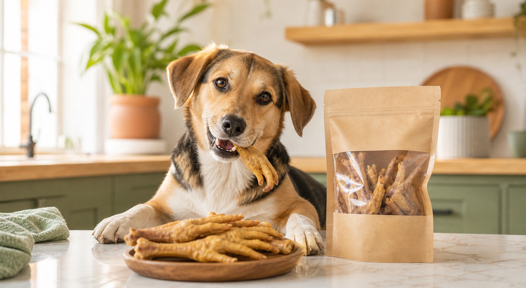 Perro tranquilo junto a snacks naturales Croquipets en una cocina limpia